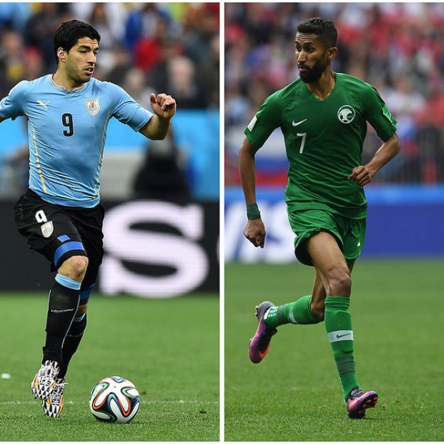 沙烏地阿拉伯20日將對上Luis Suarez（圖左）領軍的烏拉圭。（AFP授權）