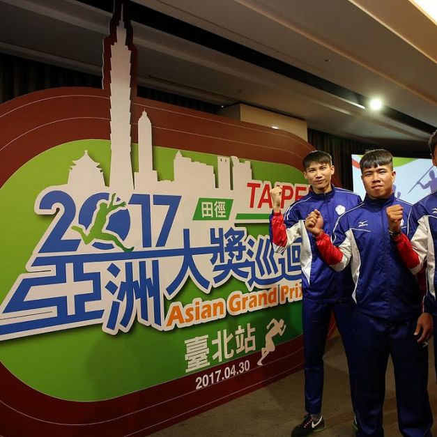 我國奧運國手向俊賢（圖左起）、黃士峰、陳傑替「亞洲田徑大獎巡迴賽」站台。（驊采整合行銷提供）